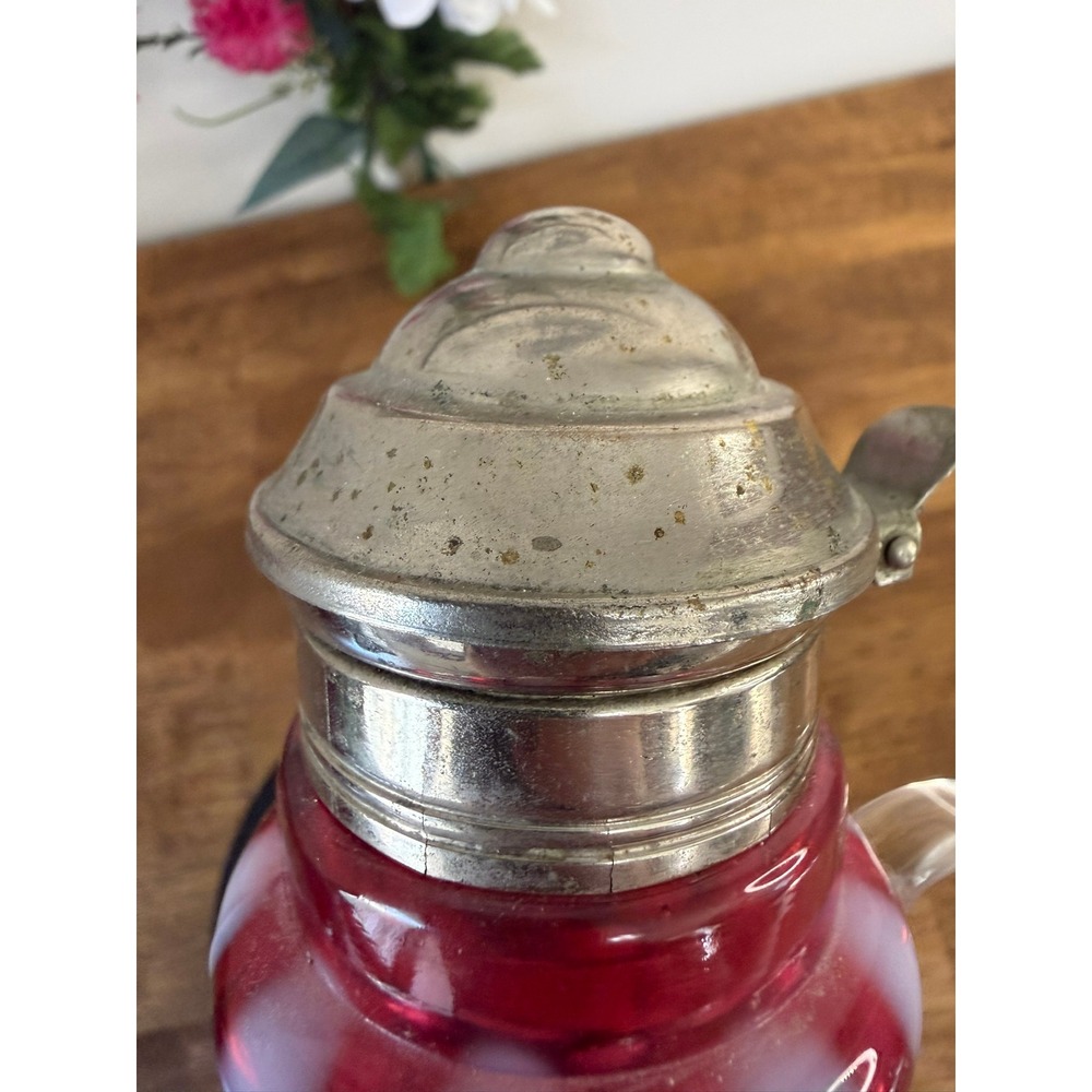 Antique Cranberry Opalescent Glass Coin Dot Syrup Pitcher Hinged Lid Victorian